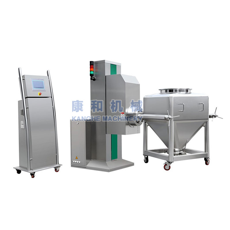 該機具有自動提升、混合、下降等功能。配一臺料斗混合機及多個不同規格的混合料斗，就能滿足多品種不同批量的混合要求，是藥廠總混的理想設備。同時在制藥、化工、食品等行業廣泛使用。該機由立柱、機座、回轉叉架、驅動、制動、控制系統等部件組成。將混合料斗推入回轉叉架并…
